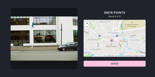On the left, a photo of a building and a car. On the right, a map with a marker on it.