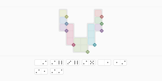 A V-shaped domino puzzle board with colorful regions and constraint labels, with domino pieces below ready to be placed.
