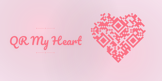 A heart-shaped QR code in pink on a light pink background, with the text 'QR My Heart' next to it.
