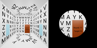 The left half shows a white room with letters scattered over the walls. The right half shows the same room, but the view is obstructed so that only a circular area in the center is visible.