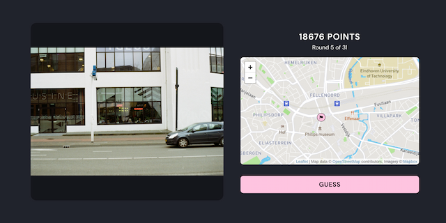 On the left, a photo of a building and a car. On the right, a map with a marker on it.