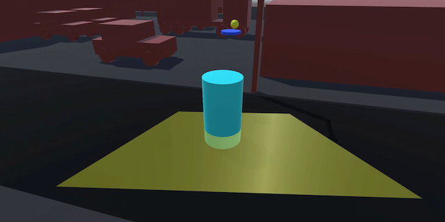 A 3D computer simulation of a person following a drone. Some debugging aids are visible.
