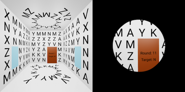 The left half shows a white room with letters scattered over the walls. The right half shows the same room, but the view is obstructed so that only a circular area in the center is visible.